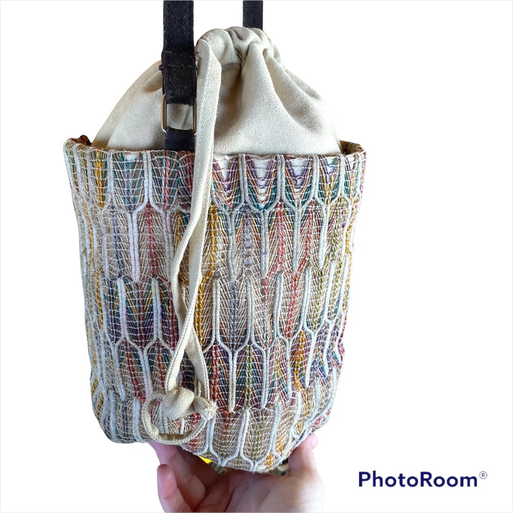 World Market multi color woven drawstring top bucket bag - Picture 1 of 10